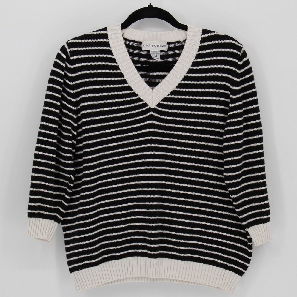 Cathy‎ Daniels $58 Medium Black White Striped V-Neck 3/4 Sleeve Cotton Sweater